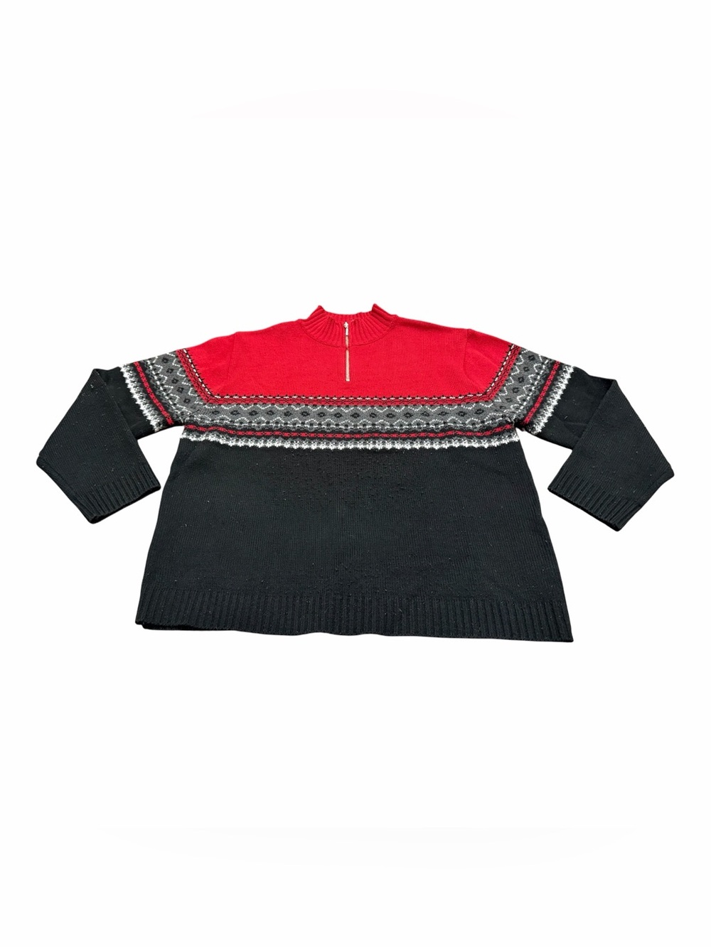 Jennifer Moore Women’s Fair Isle Mock Neck Sweater, Red Black, Knit, Size Medium